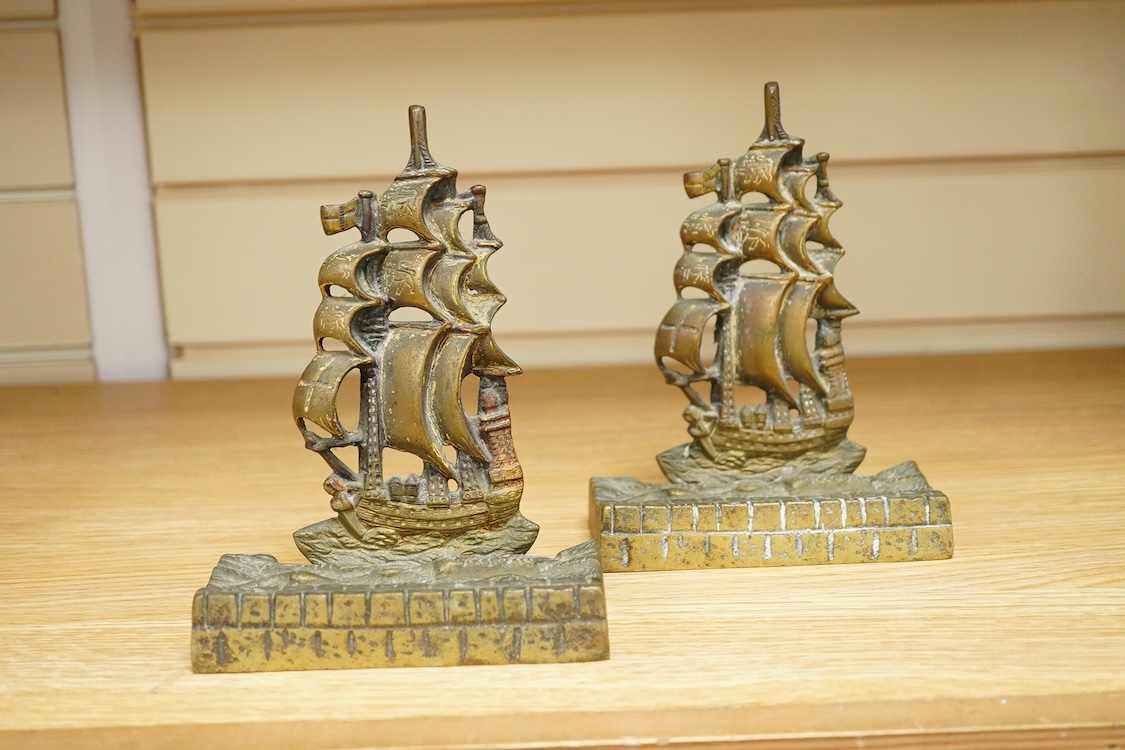 A pair of Maritime interest brass bookends in the form of galleons, 17cm high
